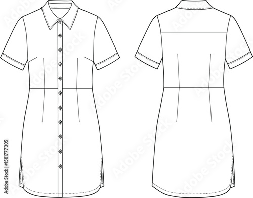 Flat technical sketch of women’s shirt dress with short sleeves, button down front, classic collar, fitted waist, and curved hemline