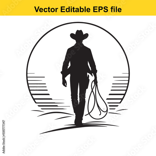Cowboy walking towards viewer in desert sunset circle