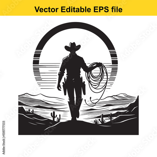 A cowboy walks with a lasso against a sunset