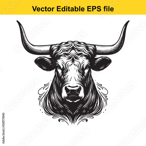 A powerful bull head with large horns, isolated on white