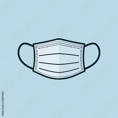 Medical face mask on blue background in simple flat design  