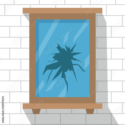 Broken window with crack on glass isolated on white background