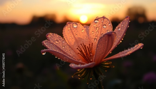 A Delicate Flower with Dewdrops at Sunset, Capturing Nature's Beauty