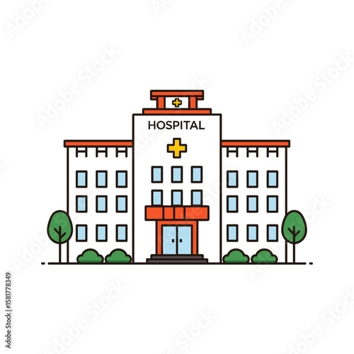 Hospital building with trees in minimalist style and bright colors  