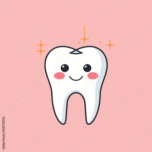 Cute tooth character smiling with sparkle on pink background  