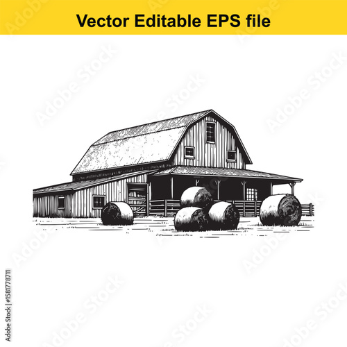 A rustic barn with hay bales sits in a peaceful country field
