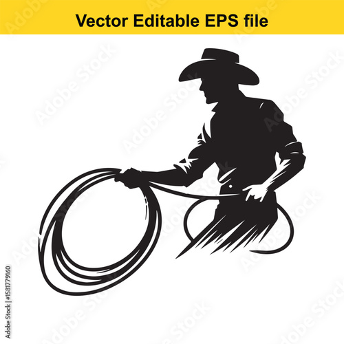 Cowboy silhouette with lasso, poised for rodeo excitement