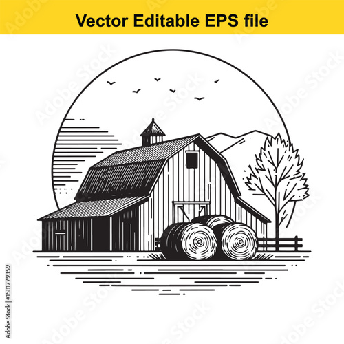Rustic barn with hay bales under a circular sky