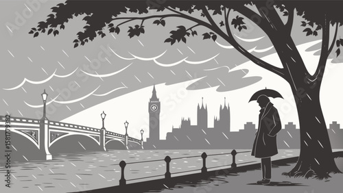 London rainy day big ben parliament man umbrella bridge thames river cityscape monochrome art illustration