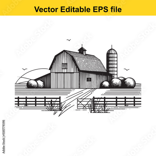 A rustic farm with a barn and silo in a rural landscape