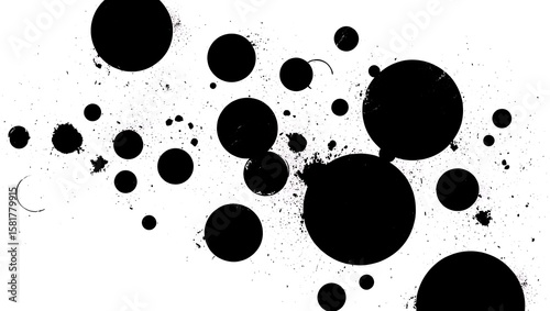 Black circles and dots create an abstract pattern on white background