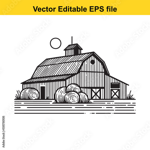 A vintage barn with hay bales under a bright sun