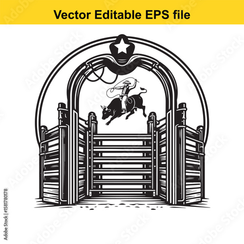Rodeo rider on a bucking bull inside an arena gate