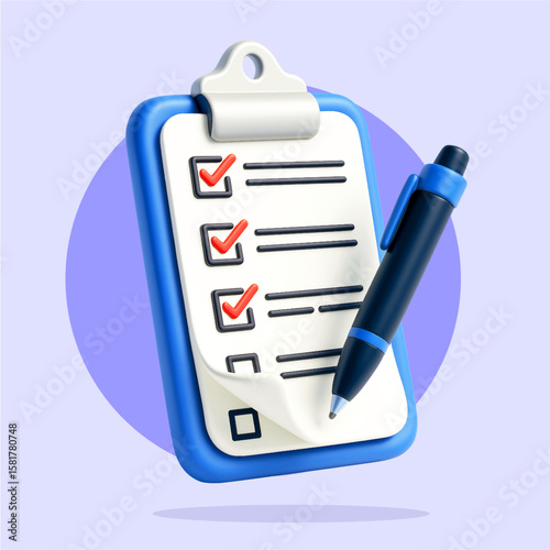 3d clipboard icon with Check List and pen vector illustration