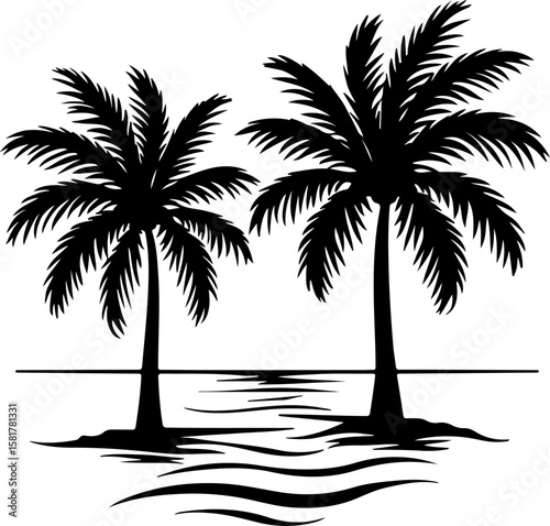 palm trees silhouette, palm, tree, tropical, coconut, nature, palm tree, isolated, beach, leaf, summer, plant, vector, silhouette, illustration, green, travel, island, leaves, white, sea, sky, branch,
