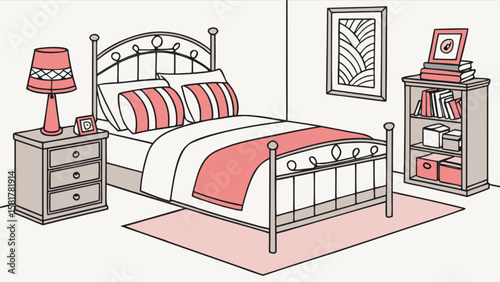 Bedroom interior design illustration with bed nightstand bookshelf and decor elements vector drawing room scene