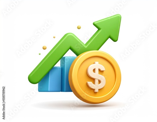 3D Rendered Dollar Coin With Upward Trending Chart And Green Arrow For Financial Growth