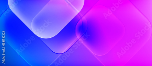 Abstract background features vibrant blue, purple gradients. Rounded rectangles overlap creating soft glow effect. Modern design.