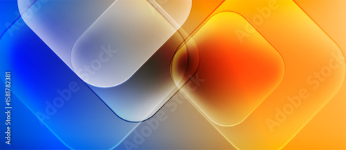 Abstract geometric shapes overlap. Blue transitions to orange hues create vibrant visual effect. Smooth gradients define forms.