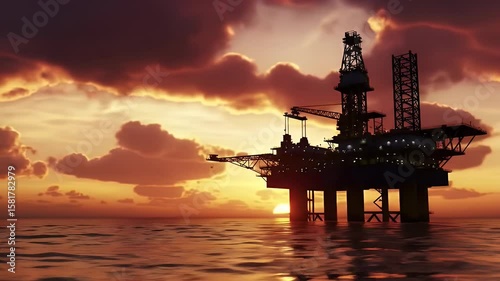 Silhouette of Oil Drill Rig at Sea Reflecting Sunset on Water