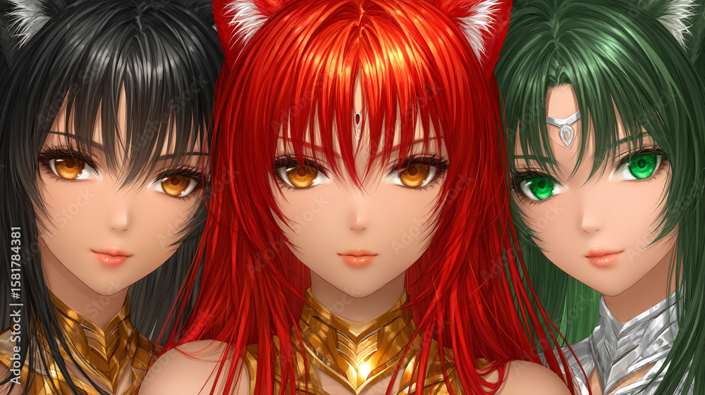 Obraz premium Anime Style Portraits of Three Beautiful Women with Cat Ears and Vibrant Hair