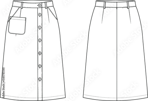 Flat sketch of women’s A-line midi skirt with front buttons, belt loops, patch pocket, and back darts, fashion template.