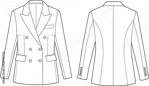 Flat sketch of classic women’s double-breasted blazer with notch lapel, flap pockets, sleeve buttons, front and back view vector