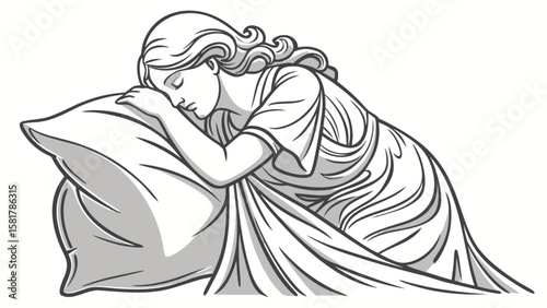Illustration of woman sleeping peacefully on pillow in bed for sleep and relaxation concepts and insomnia issues