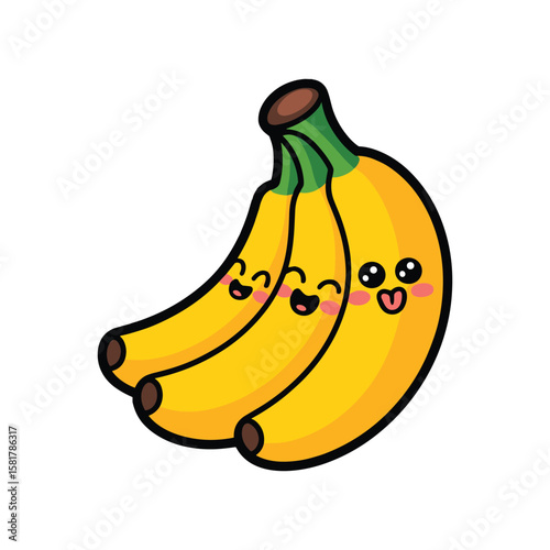 Cute Kawaii Bananas Vector Illustration, Smiling Cartoon Fruit with Happy Faces, Fun Yellow Food Clipart for Kids, Healthy Snack Design Art.