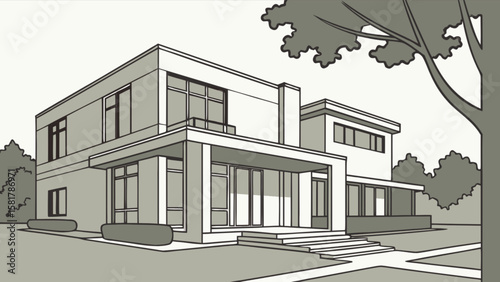 Modern house architecture design with minimalist style and garden landscape illustration for real estate projects