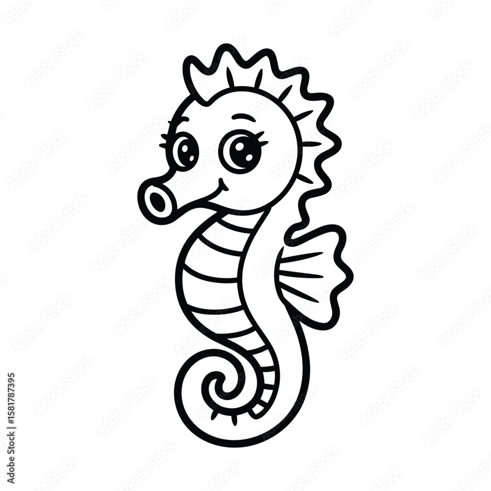 Fototapeta premium Cute seahorse cartoon coloring page for kids, adorable sea animal illustration, black and white line art, printable educational marine life drawing.