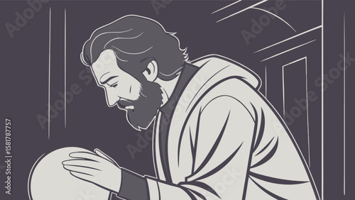 Illustration of man with beard looking at crystal ball for future telling and fortune telling concept art