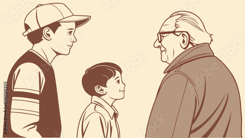 Illustration of grandfather with grandsons family generations bonding and connection vector art drawing design