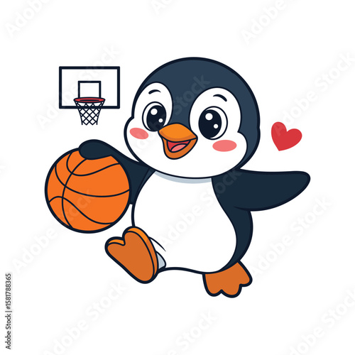 Cute penguin cartoon playing basketball, adorable animal character with ball and hoop, fun sports illustration for kids, vector isolated on white background.