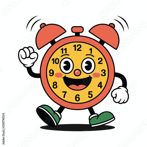 Cute Cartoon Alarm Clock Character Smiling and Walking, Colorful Vector Illustration for Kids, Time Management, School, Education, Morning Wake Up Concept.