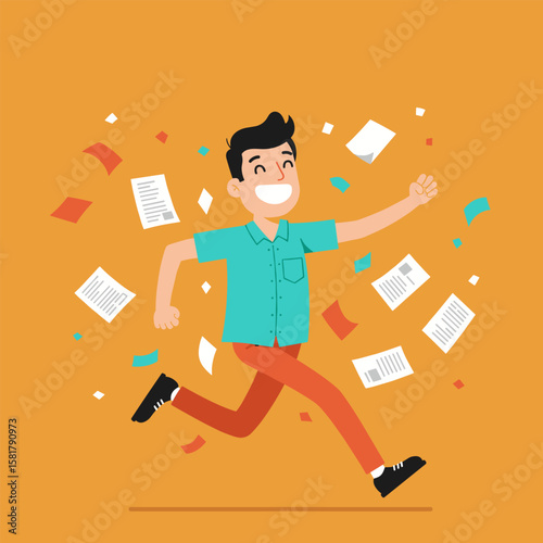 Cartoon character in a turquoise shirt and orange pants runs with flying papers scattered around on a solid orange background.