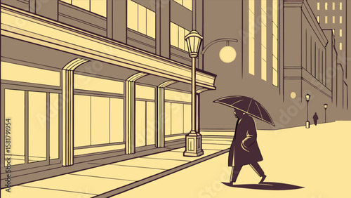 Man walking in city street with umbrella illustration vector art design for print and web use one hundred