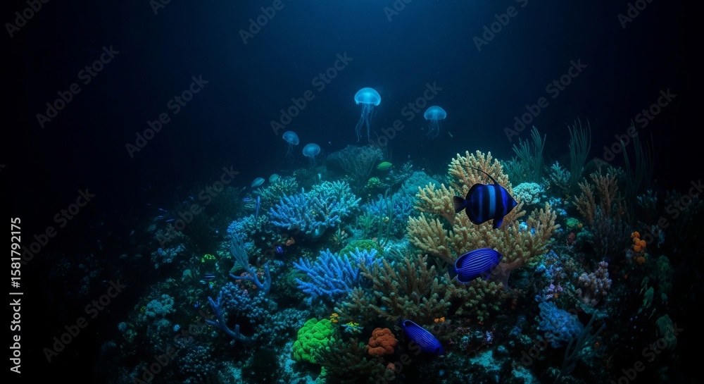 Fototapeta premium Vibrant Coral Reef with Colorful Fish and Glowing Jellyfish