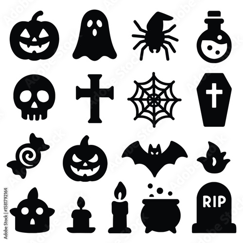 Halloween icons spooky symbols pumpkin ghost