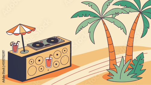Beach party with dj booth, palm trees and cocktails summer vibes tropical vacation illustration design