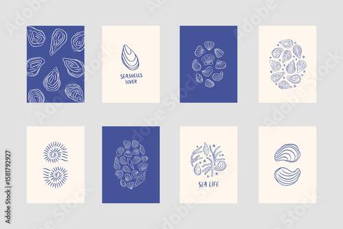 Hand drawn coastal poster set with seashells