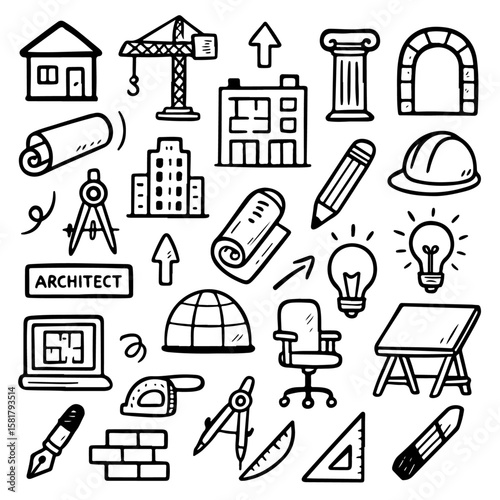Set of Hand-Drawn Doodle Icons for Architecture and Construction Design, Featuring Buildings, Tools, and Creative Elements