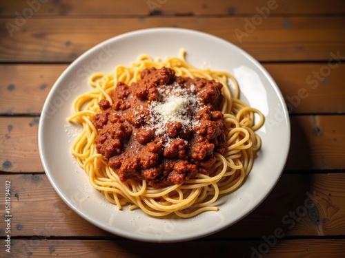 A rich and juicy spaghetti bolognese dish sits atop
