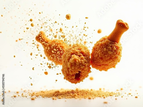Goldenbrown juicy crispy fried chicken pieces suspend 