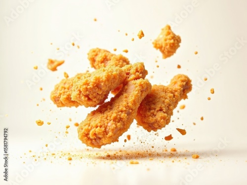 Goldenbrown juicy crispy fried chicken pieces suspend 