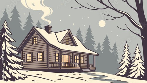 Winter cabin retreat illustration with snow covered trees and cozy home landscape scene for holiday season