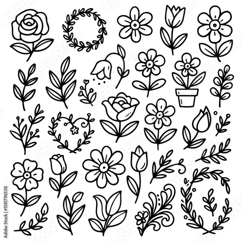 Collection of simple hand-drawn black and white floral doodles, featuring various flowers like roses, tulips, daisies, leafy branches, wreaths, and botanical elements.