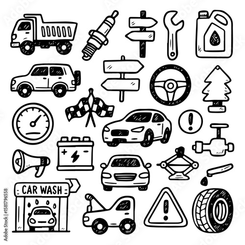 Doodle Art Automotive  Car Service Icons: Collection of Hand-Drawn Vehicles, Tools, Warning Signs, and Maintenance Symbols for Auto Enthusiasts