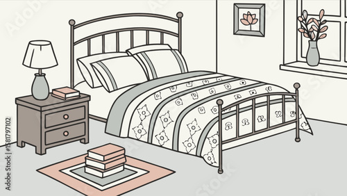 Illustration of bedroom interior design with bed nightstand and home decor for relaxation and sleep
