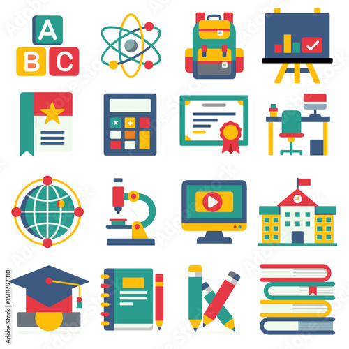 Education learning colorful icons for diverse learning processes, suitable for educational presentations, websites, and marketing materials. Great for visual storytelling.